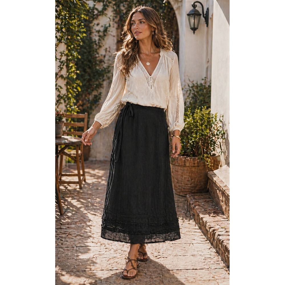 Johnny Was Black Embroidered Layered Maxi Skirt Rayon Boho Side Tie M